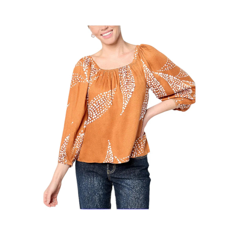 Destination 365 Printed Square Neck Puff Sleeve Top Adobe - Regular